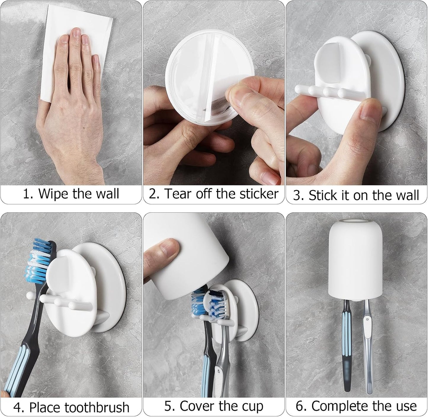 2 PCS Self-Adhesive Toothbrush Holders Wall Mounted, Water Proof Toothbrush Hook, 3 in 1 with Toothbrush Hanger Toothpaste Holder and Gargle Cup Holder for Bathroom Shower (White)