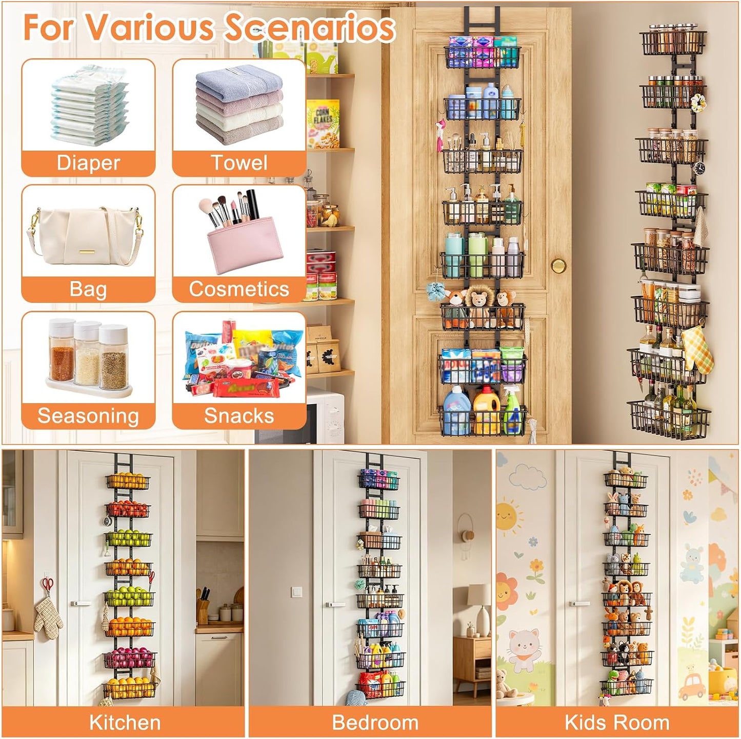 Hongtamoya Over The Door Organizer, Hanging Door Organizer with 5 Metal Baskets, Behind The Door Storage for Pantry Closet Bedroom Bathroom Cabinet Kitchen, White