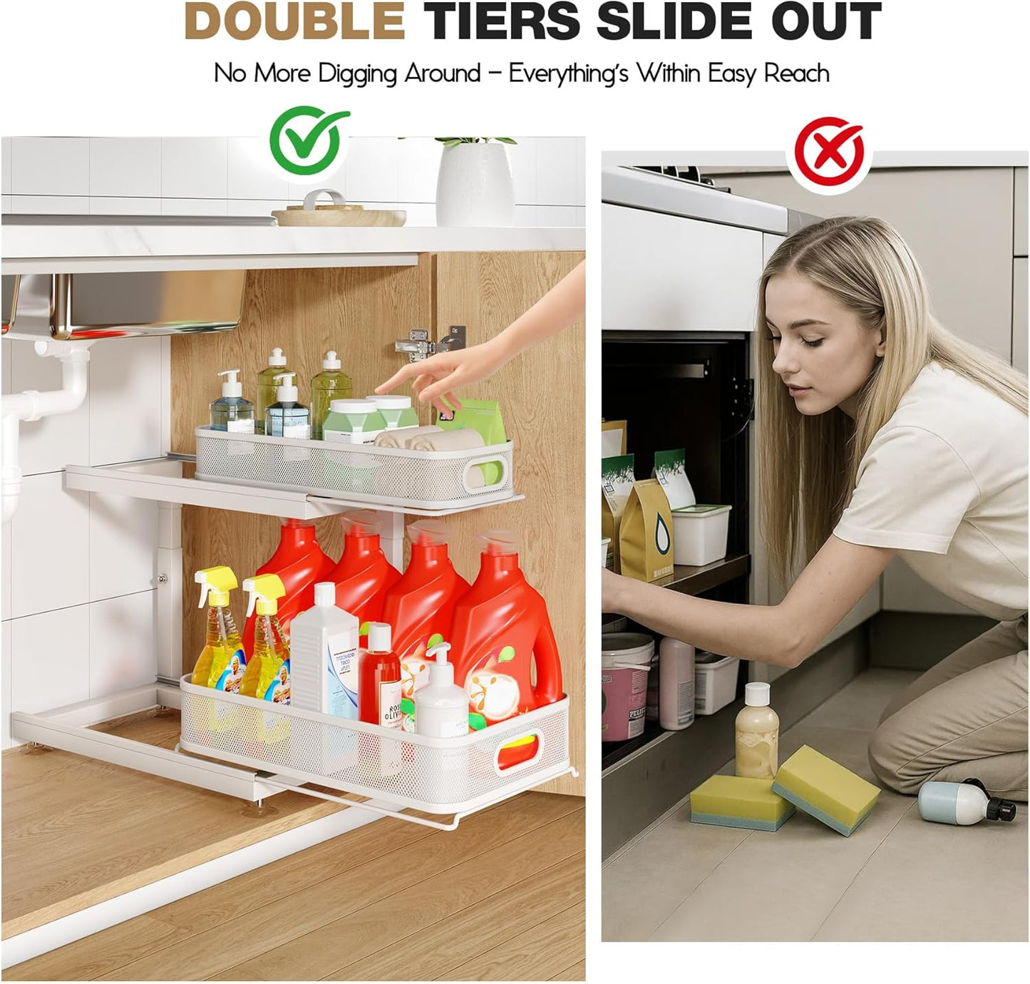 2-Pack Under Sink Storage Organizer with 2-Tier Slide Out Drawer, Sophisticated Mesh Pull Out Shelf for Kitchen & Bathroom, Fits Small Items, Upgraded Arched Track for Smooth Gliding(Patented)