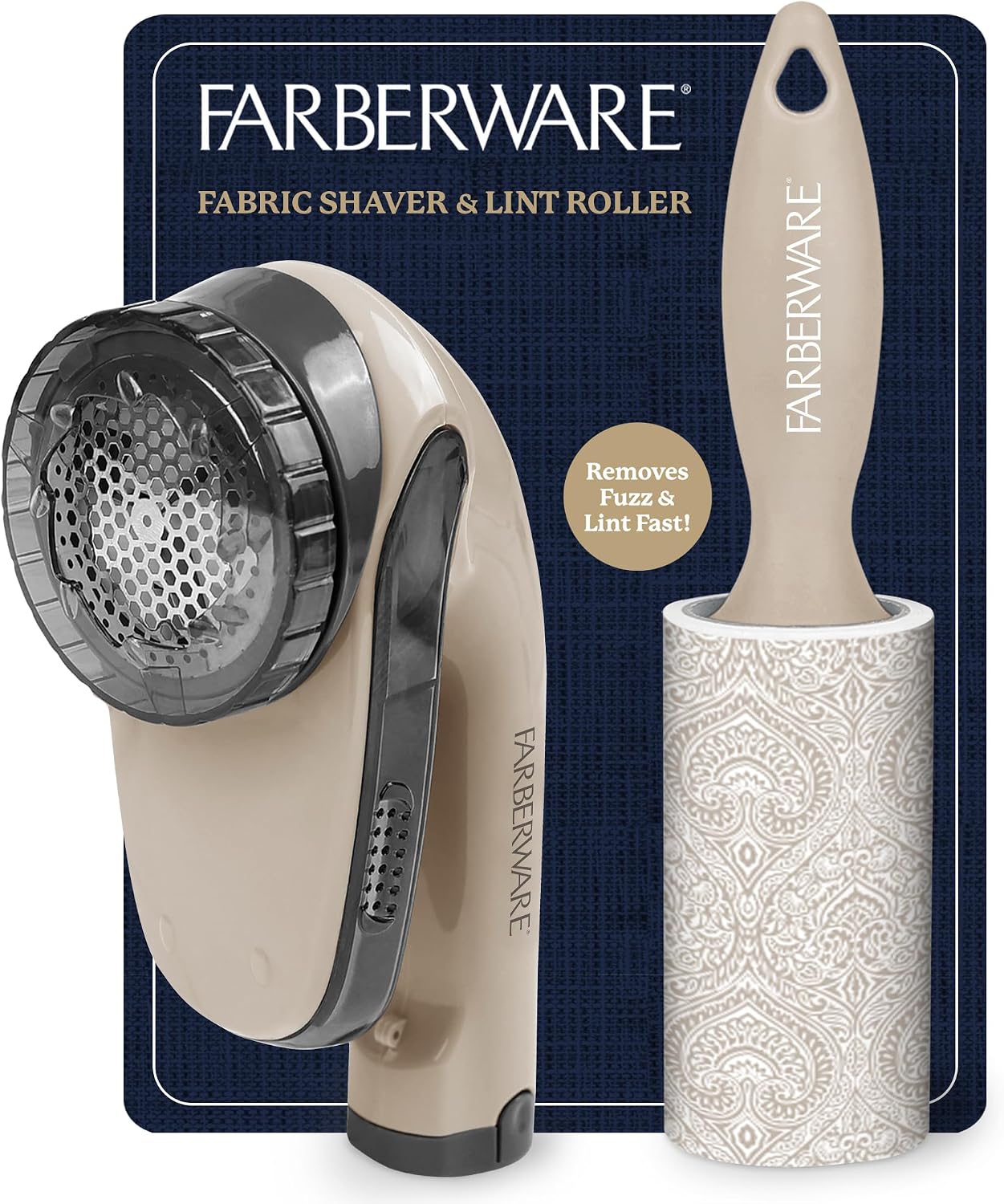 Farberware Fabric Shaver & Lint Remover Set–Battery Operated Sweater Shaver with Triple Blades and Extra Sticky Roller for Pet Hair, Fuzz & Pilling on Clothes, Upholstery & Bedding (Gray/Blue, Small)