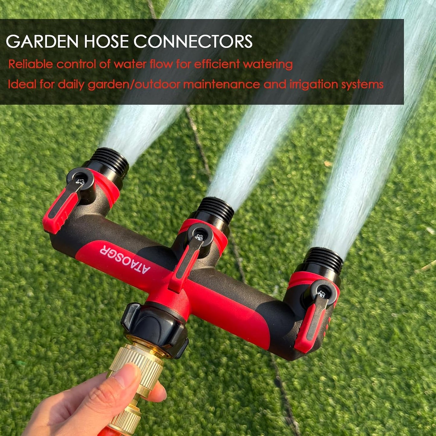 ATAOSGRGarden Hose Splitter 3 Way, 3/4" Outdoor Faucet Splitter, Tap Connector with On/Off Valves and Extended Handle, Tap Adapter Garden Hose Connector for Garden Outdoor Home - Greens