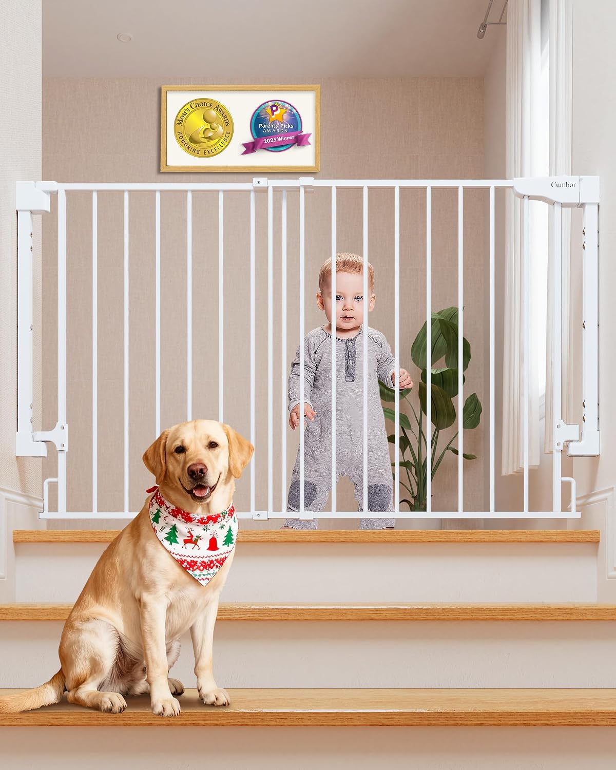 Cumbor 29.2–43" Baby Gate for Stairs, Hardware Mounted (Drill Required), Expandable No Bottom Bar Dog Gate, Auto Close Extra Wide Walk Thru, Pet & Toddler Proof Gate, Top & Bottom of Stairways (White)