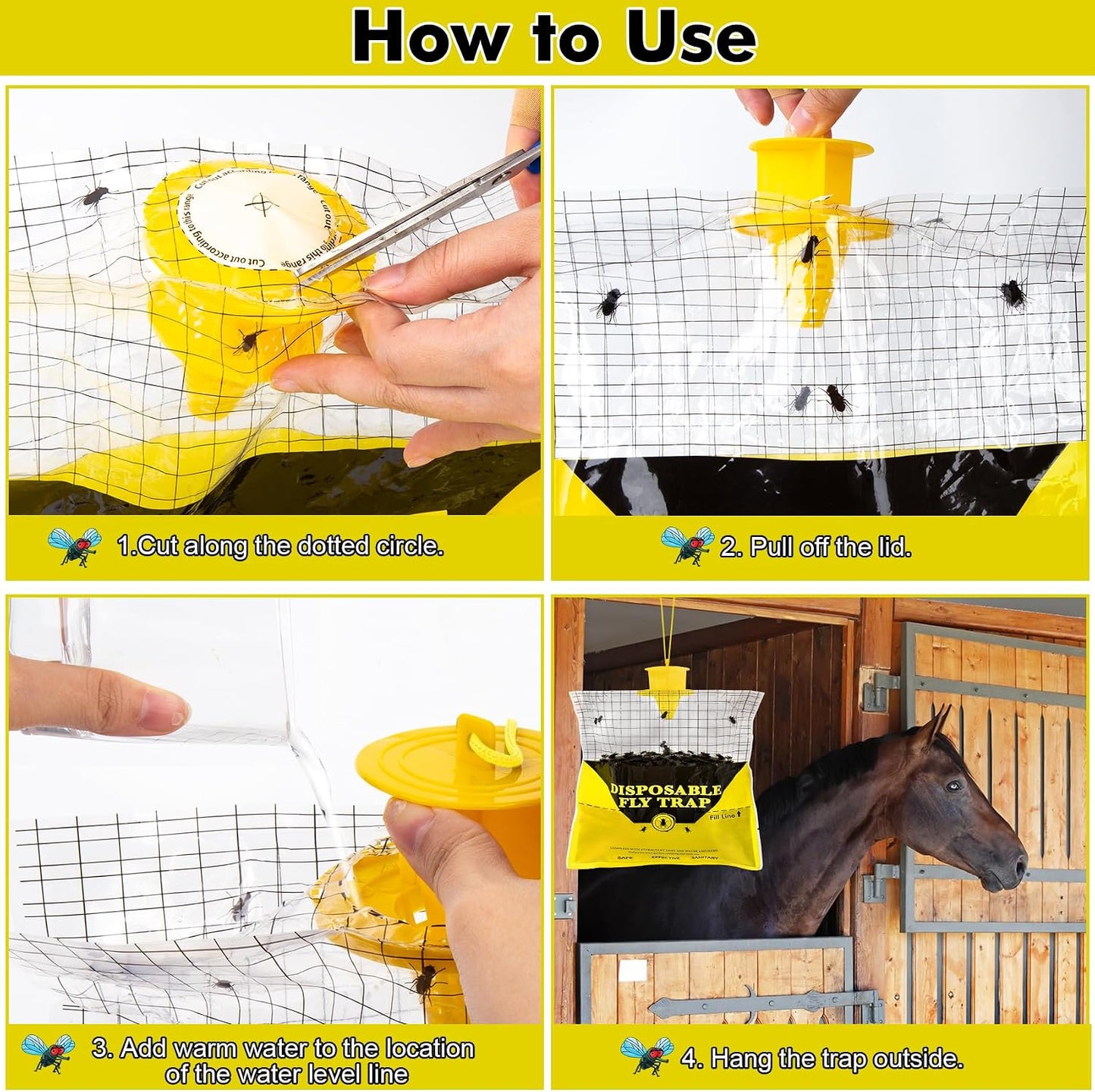 Glovv Fly Traps Outdoor Hanging with Fly Bait, 8 Pack Disposable Bags Hunter Ranch Trap, Pre-Baited Flies Bags Flies Control Bug Catcher Killer Repellent for Stable Horse Barn & Farm, All Filth Flies