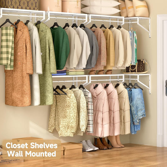 ThreeHio Expandable Closet Shelves Wall Mounted, 2 Pack Closet Shelving with Hanging Rods, Wall Shelving for Walk-in Closet, Hanging Shelves Organizer and Storage for Closet, Laundry