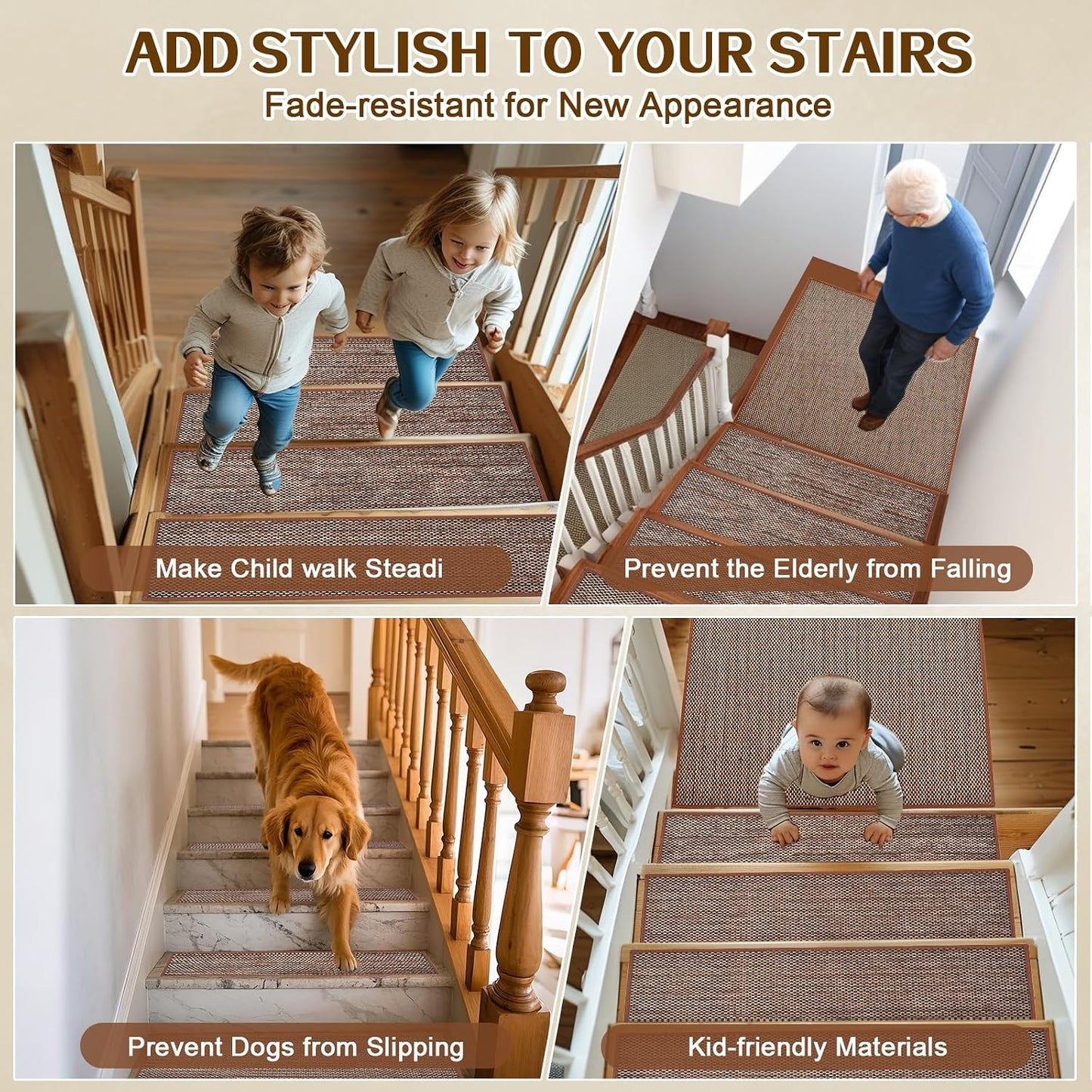 Stair Treads Non Slip, Rubber Backing Stair Treads for Wooden Steps, 15 PCS Thicken Linen Carpet Stair Runners Indoor for Kids Elders and Pets, No Residue Stair Carpet Treads, 8"x30", Beige