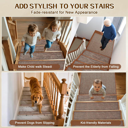 Stair Treads Non Slip, Rubber Backing Stair Treads for Wooden Steps, 15 PCS Thicken Linen Carpet Stair Runners Indoor for Kids Elders and Pets, No Residue Stair Carpet Treads, 8"x30", Beige