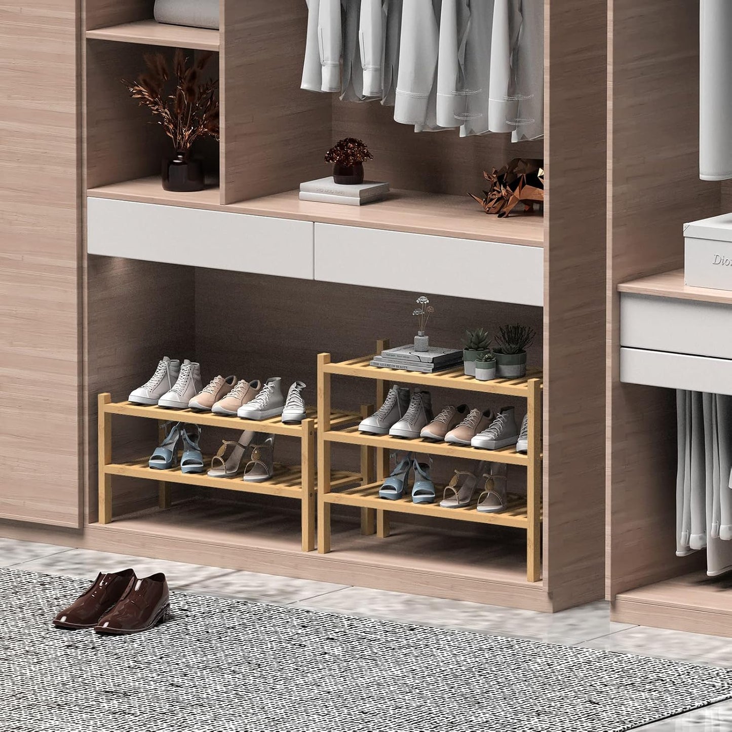 ROMGUAR CRAFT 3 Tier Bamboo Shoe Rack for Closet Free Standing Wood Shoe Shelf Storage Organizer for Entryway Small Space Stackable 27"x11"x20" (Natural)