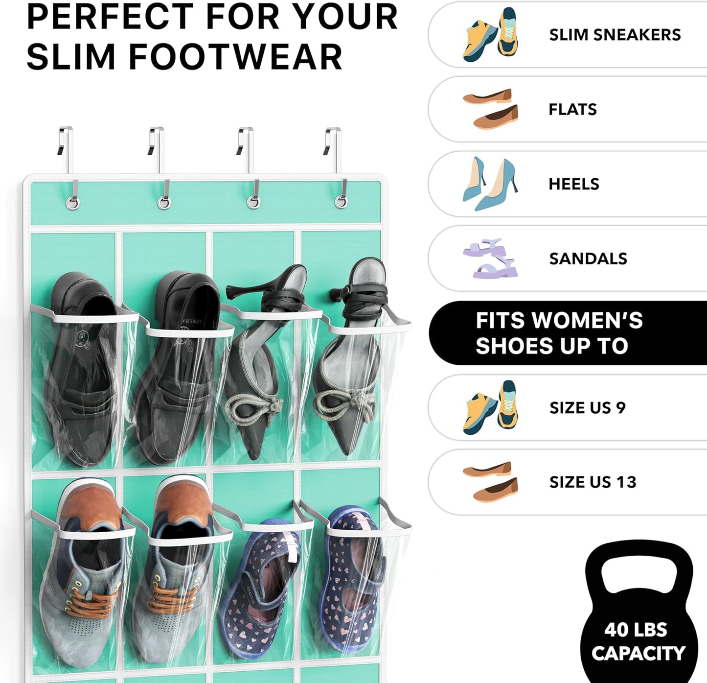 Simple Houseware 24 Pockets - Crystal Clear Over The Door Hanging Shoe Organizer, Gray (64'' x 19'')