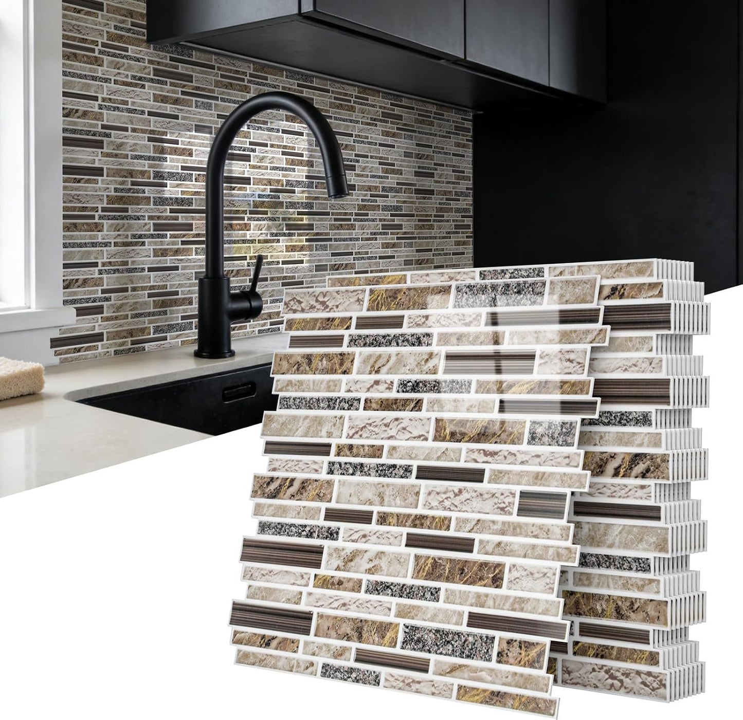 Vieshful 10 Sheet Peel and Stick Backsplash for Kitchen Wall - 12"x12" Smooth PVC 3D Visual Effect Marble Tile Stickers, Waterproof Self Adhesive Light Khaki Wall Tiles for Bathroom, Renter Friendly