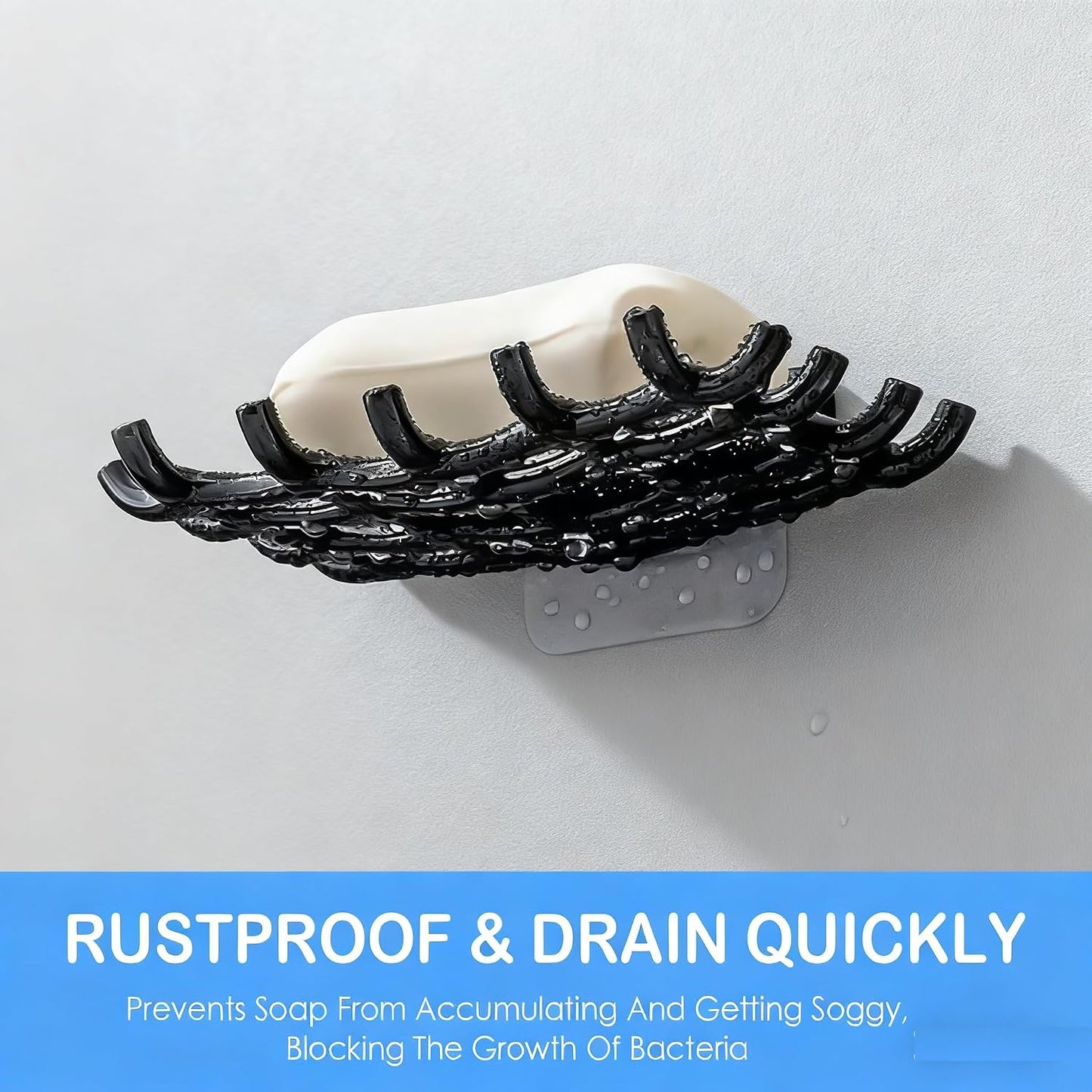 2 Pack Black Soap Bar Holder for Shower Wall - Self Draining Soap Dish with Hooks - No Drilling Waterproof Adhesive Wall Mounted Dish for Bathtub Kitchen Sink (Black)
