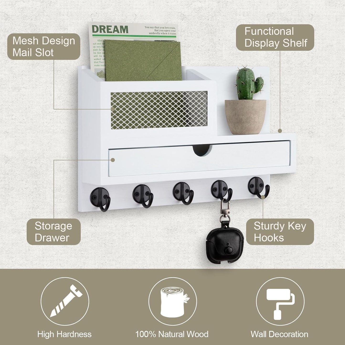 Key Holder Wall Mount, Key Holder for Wall with 5 Key Hooks and Storage Drawer Mail Organizer for Entryway Living Room Farmhouse Home Decor