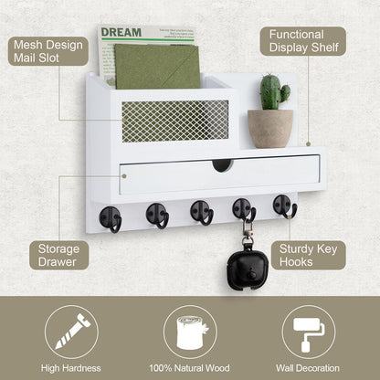 Key Holder Wall Mount, Key Holder for Wall with 5 Key Hooks and Storage Drawer Mail Organizer for Entryway Living Room Farmhouse Home Decor