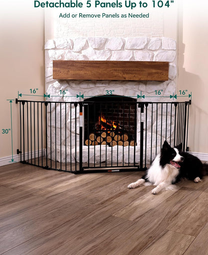 Babelio 104" Extra Wide Baby Gate, 30” Tall Auto Close Dog Fence for Stairs Doorways Fireplace, Hardware Mounted Pet Gate Indoor, Foldable 5 Metal Panels, AdaptiZone Series, Black