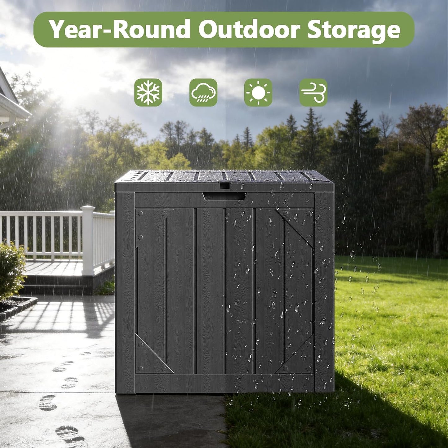 Outdoor Storage Box, 98 Gallon Deck Box, Outdoor Storage Bench, Waterproof Resin Storage Bench with Lockable Lid, Patio Furniture Cushions & Garden Tools Storage, UV Resistant (Black)