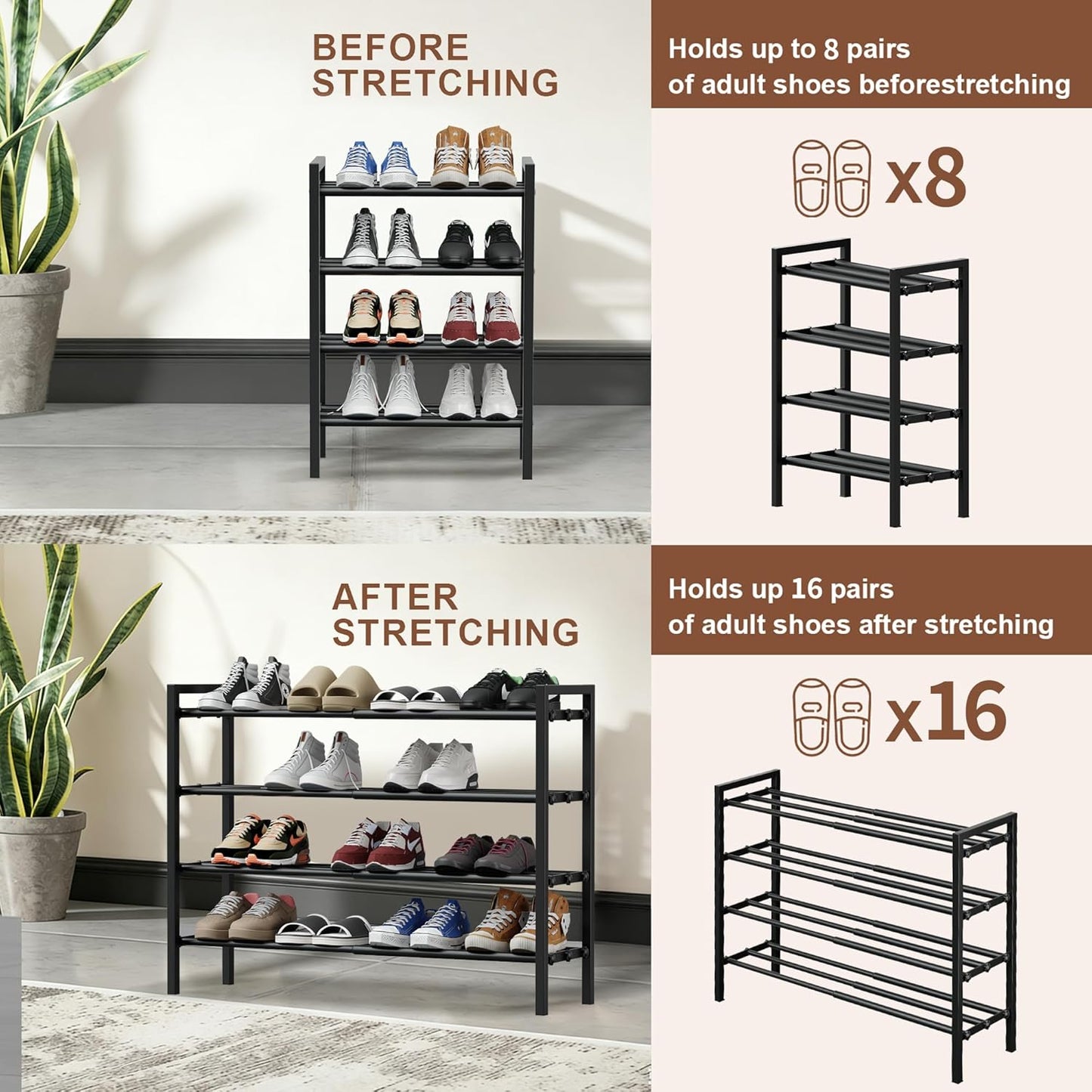 2 Tier Shoe Rack - Expandable Shoe Organizer for Closet, Adjustable Metal Shoe Shelf Storage, Stackable Long Shoe Stand Holder for Garage, Entryway, Door Entrance