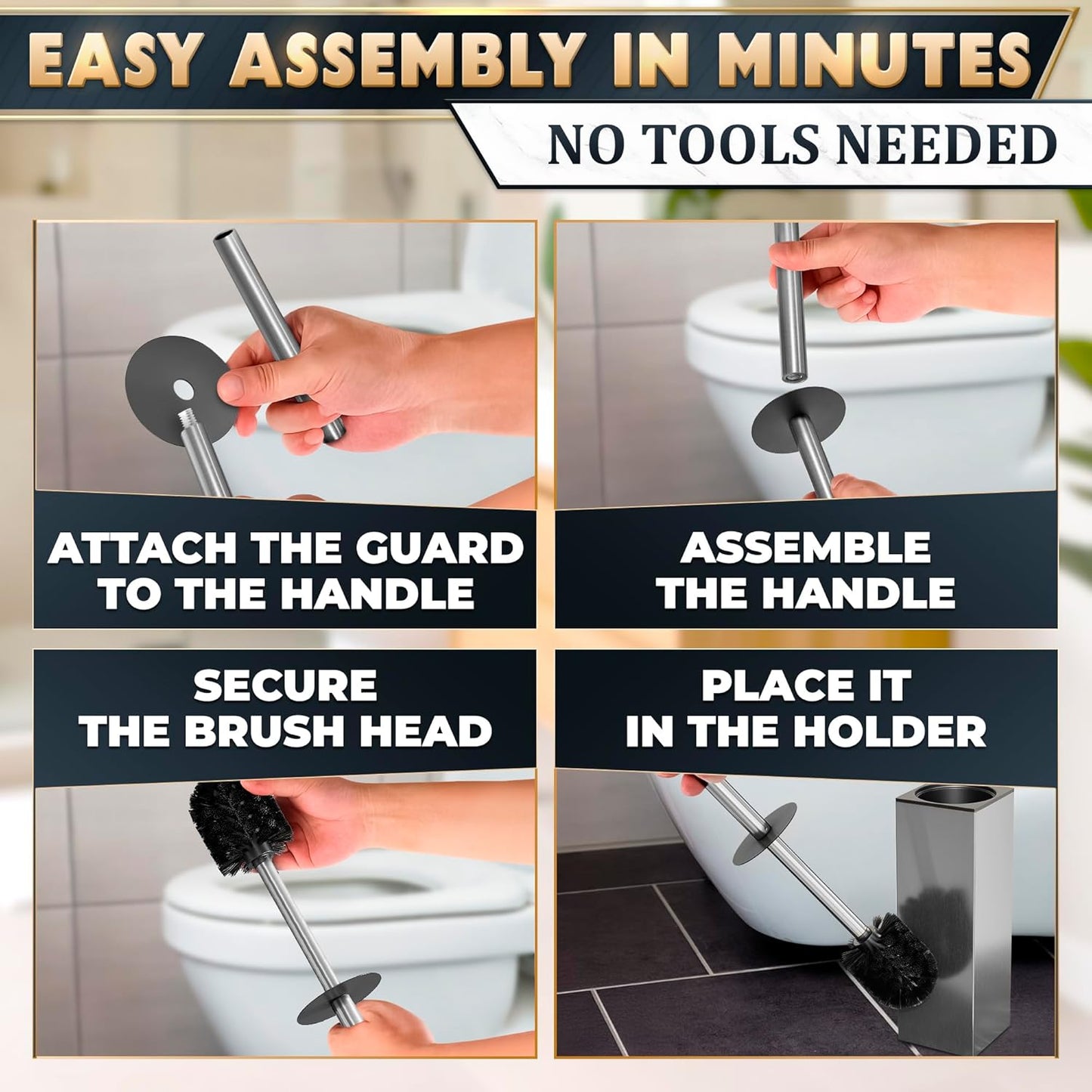 Black Toilet Brush and Holder Set - Slim Matte Design that Fits Anywhere - Stainless Steel Toilet Bowl Brush and Holder with 2 Rounded Corners, Replaceable Head, Removable Inner Bowl & Splash Guard