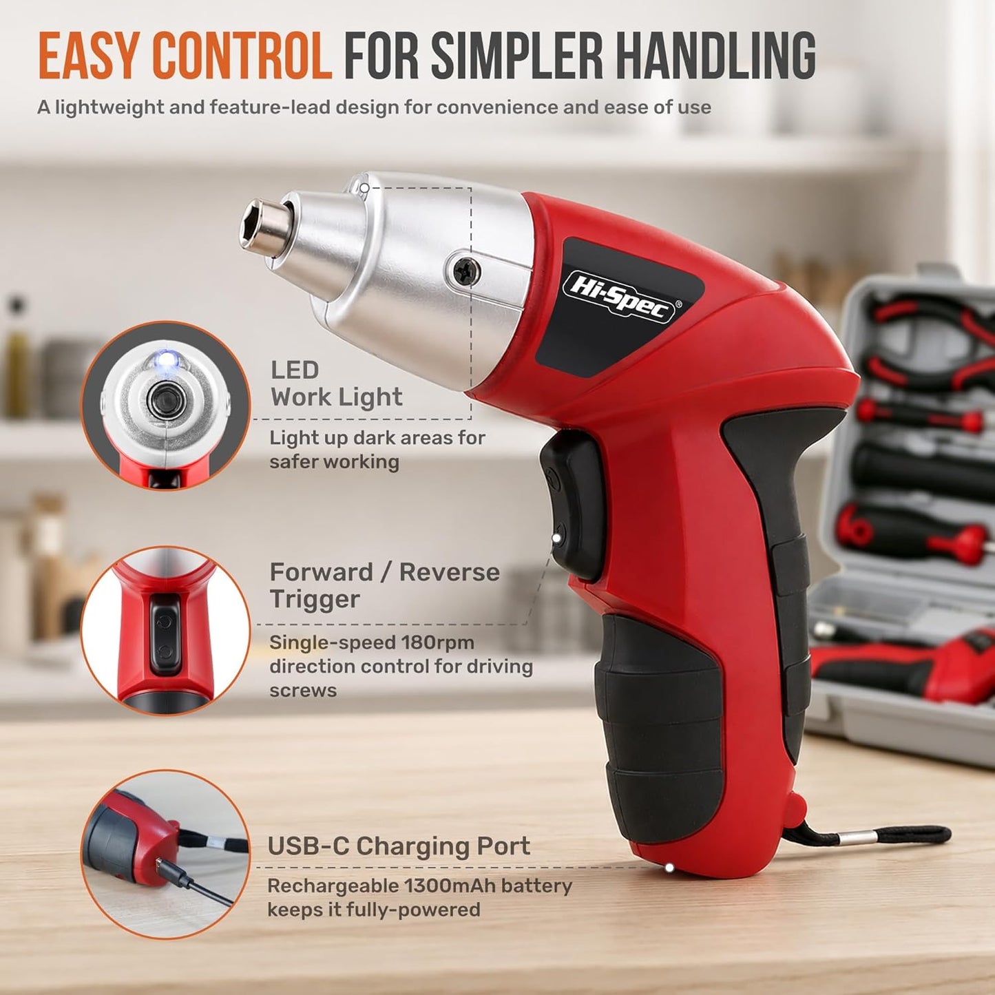 Hi-Spec 4V Electric Screwdriver Tool Kit Set. Cordless USB Rechargeable Screwdriver with Home Repair Tools. 42pc Compact Portable Case, DIY Kit for Beginners and the Household - Green