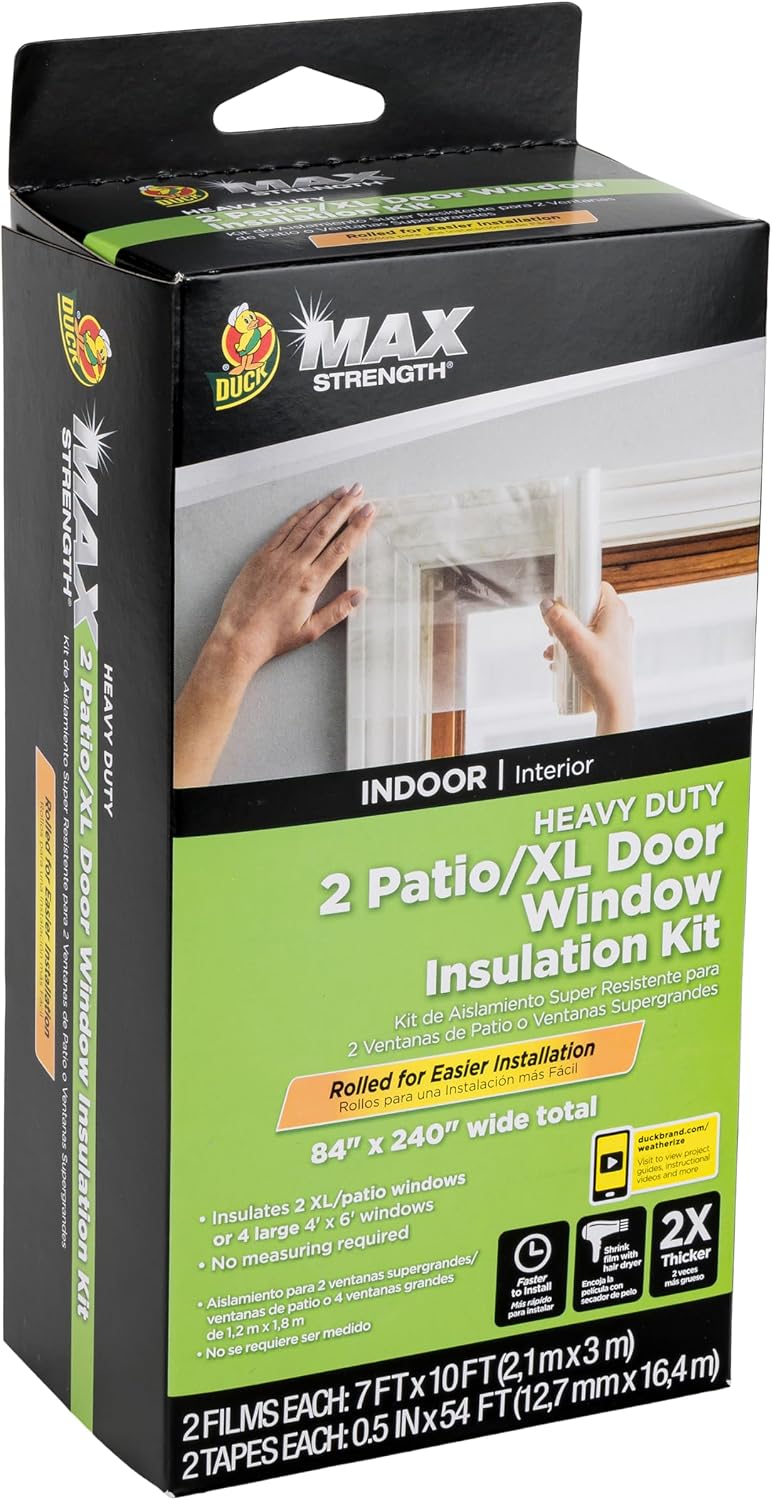 Duck MAX Strength Window Insulation Kit, Winter Window Seal Kit Fits up to 10 Windows, Heavy Duty Shrink Film Cuts to Size for Easy Indoor Installation, Window Tape Included,62 In. x 420 In., Clear