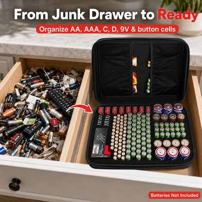 Comecase Battery Storage Case with Tester, Holds 148+ AA AAA C D 9V, Black | Hard-Shell Design, Carry Handle and Custom Foam Slots Keep Batteries Visible, Separated and Ready for Home, Garage or Office