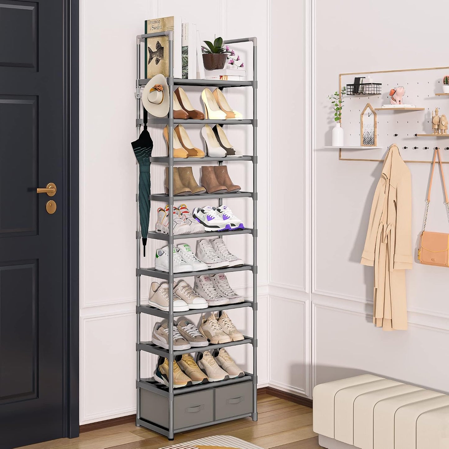 OYREL Tall Shoe Rack Narrow 10 Tier Shoes Rack 20 25 Pairs, Shoe Storage Organizer for Closet, Sturdy Metal Shoe Shelf Shoe Stand with 2 Boxes 1 Hook
