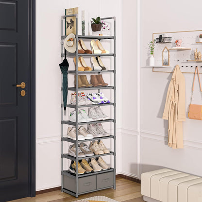 OYREL Tall Shoe Rack Narrow 10 Tier Shoes Rack 20 25 Pairs, Shoe Storage Organizer for Closet, Sturdy Metal Shoe Shelf Shoe Stand with 2 Boxes 1 Hook