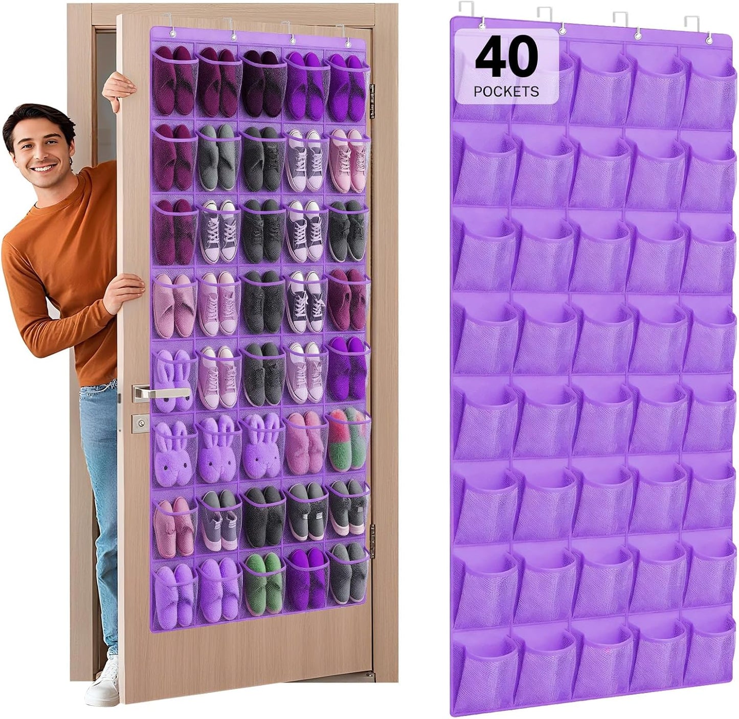 40 Large Mesh Pocket Over the Door Shoe Organizer,Hanging Shoe Rack for Door,Hualleko Shoes Organizer Hanger with Large Capacity, Shoes Storage Holder Sturdy Non-woven Fabric - Stores 20 Pairs (White)