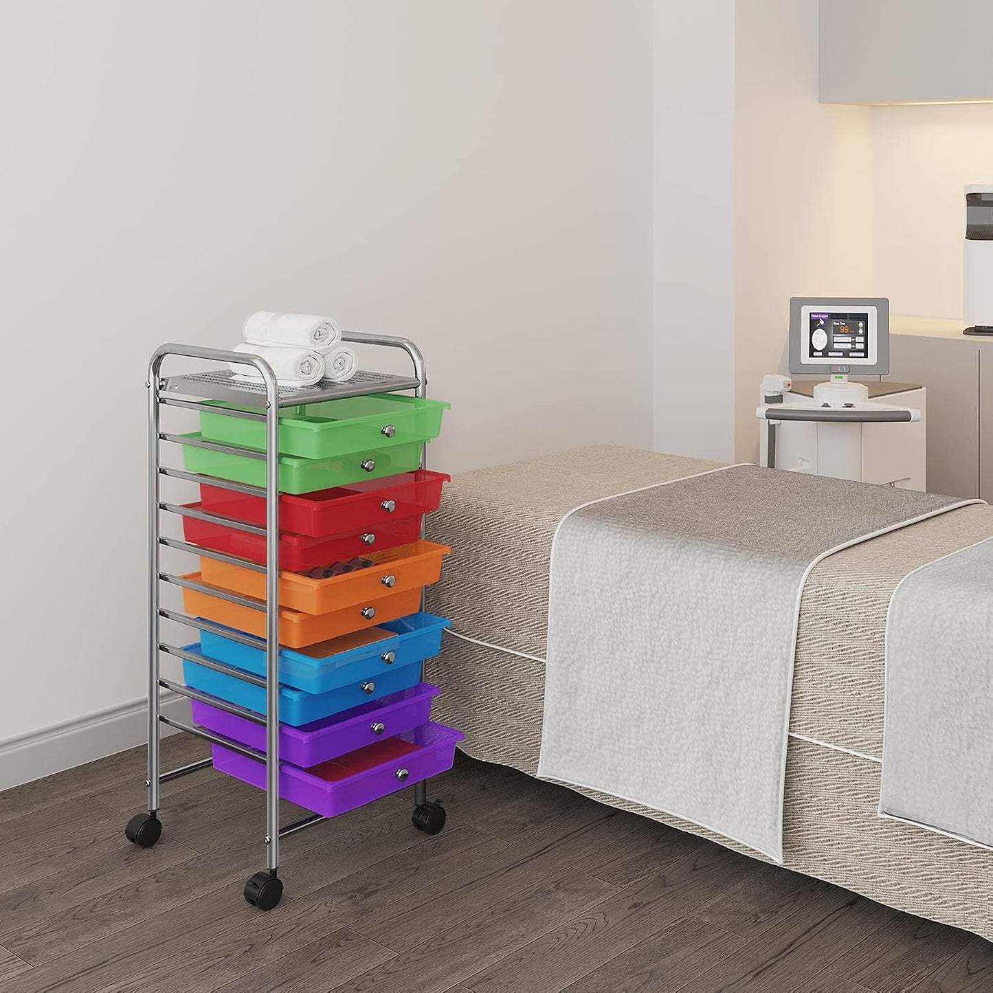 Yaheetech 4-Drawer Rolling Storage Cart with Wheels, Slim Organizer, Black | Four drawers plus a top shelf organize craft to bath gear; slim chrome-steel frame, plastic bins, locking wheels, easy setup.