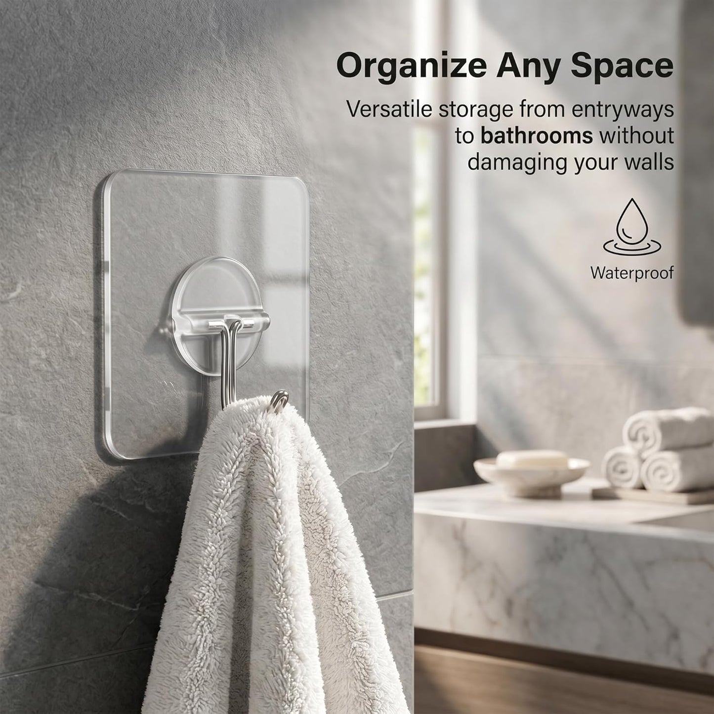 Adhesive Wall Hooks 12 Pack Heavy Duty Transparent Waterproof Hooks for Hanging Towels Coats Keys and Decor for Bathroom Kitchen Door Outdoor Use