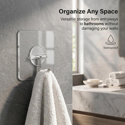 Adhesive Wall Hooks 12 Pack Heavy Duty Transparent Waterproof Hooks for Hanging Towels Coats Keys and Decor for Bathroom Kitchen Door Outdoor Use