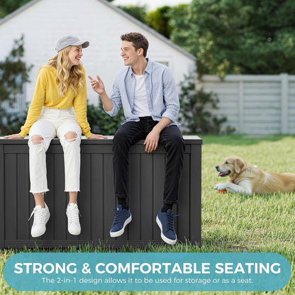 NUNU LAB Outdoor Storage Box, 45 Gallon Outside Deck Box Waterproof, Resin Outdoor Storage Cabinet With Lockable Lid, Backyard Storage Bench For Garden Tools, Patio Cushions, Pool Tools, Black