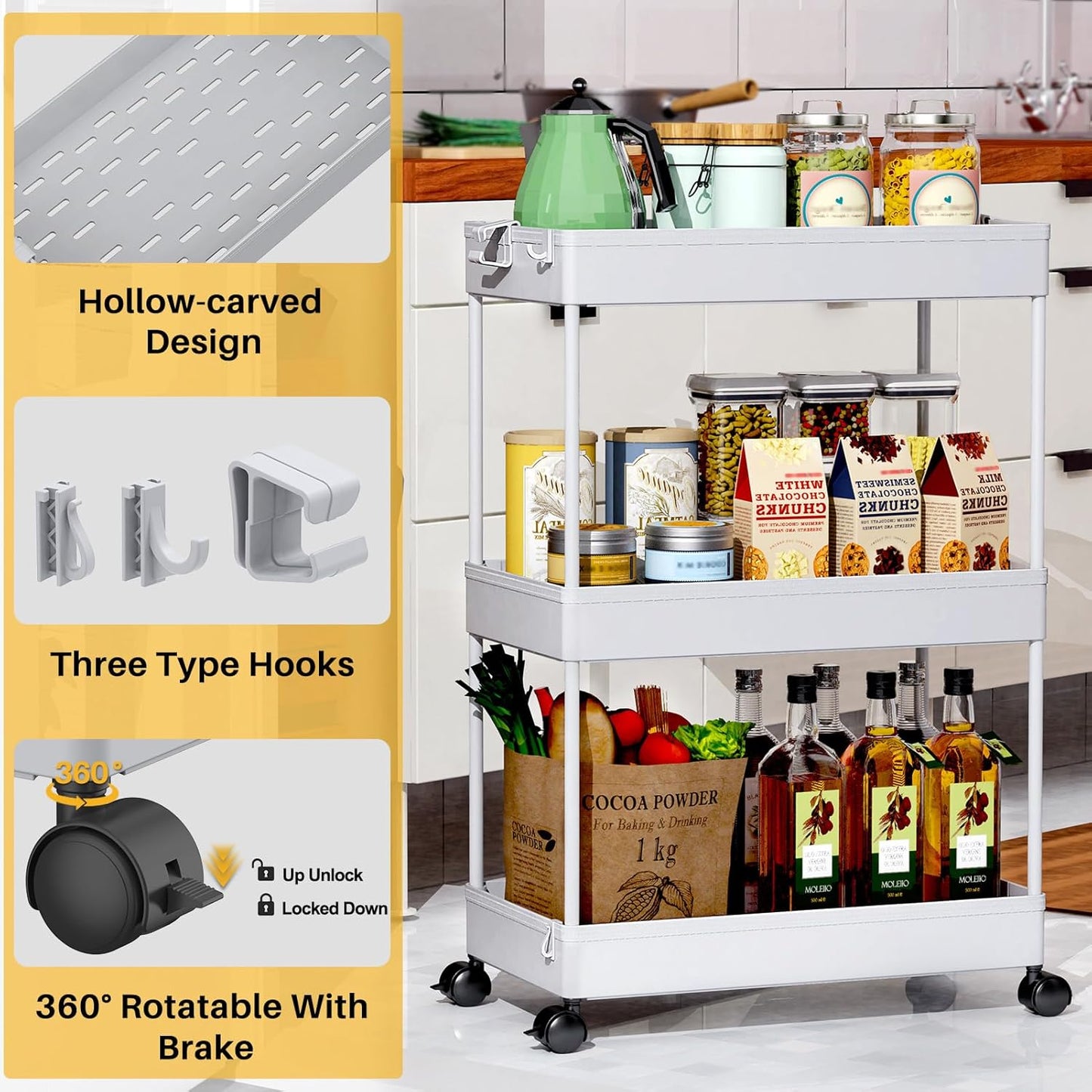SPACEKEEPER 5-Tier Rolling Cart, Bathroom Storage Organizer Utility Cart, Mobile Shelving Unit Slide Out Shelves for Kitchen Living Room Laundry Room & Dressers, Black