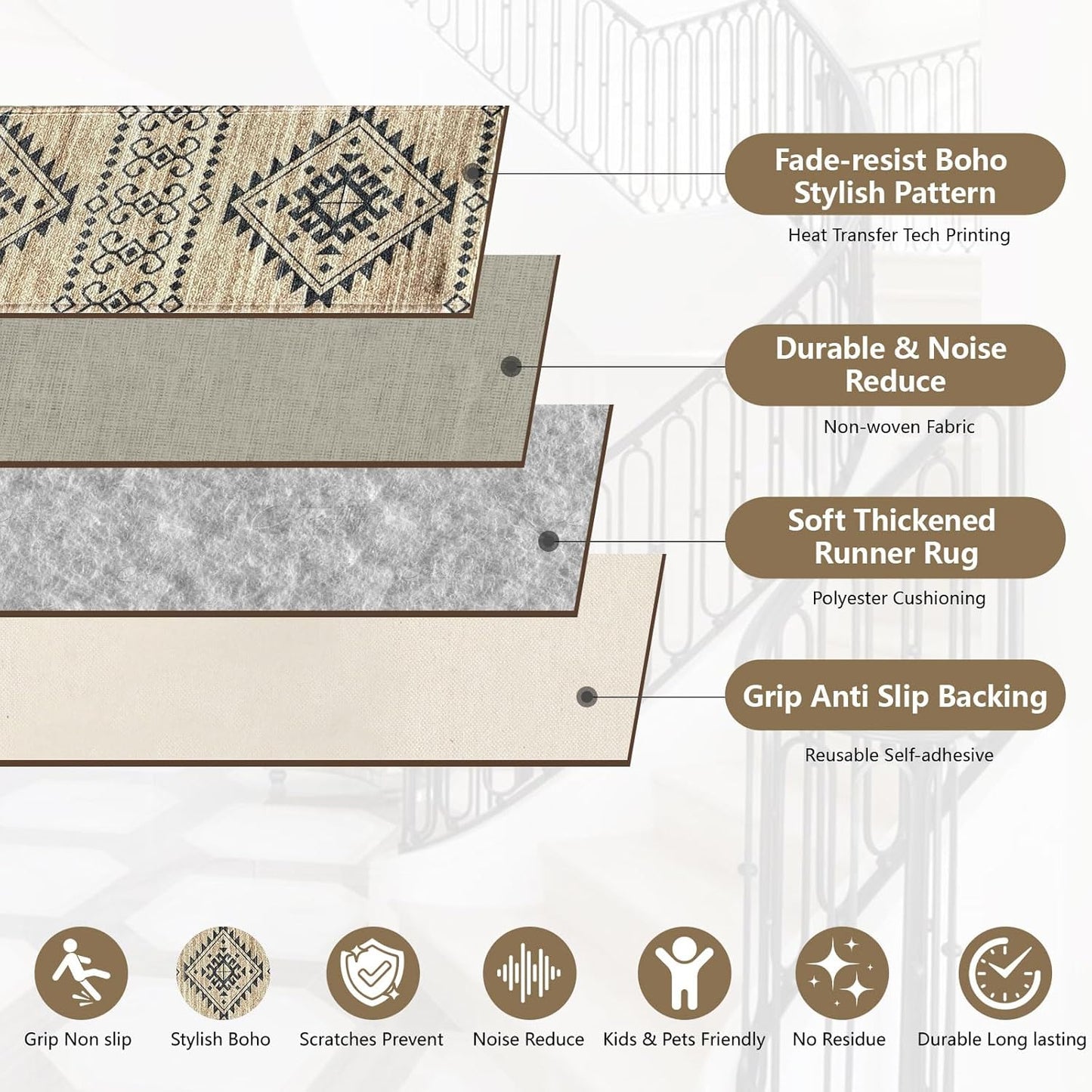 Stair Treads for Wooden Steps, Non Slip Stair Treads Carpet Indoor Residue Free Peel and Stick Washable Stair Covers, Safe for Dogs Kids Elders, Moroccan Beige, 8x30 inch, 1 Pack