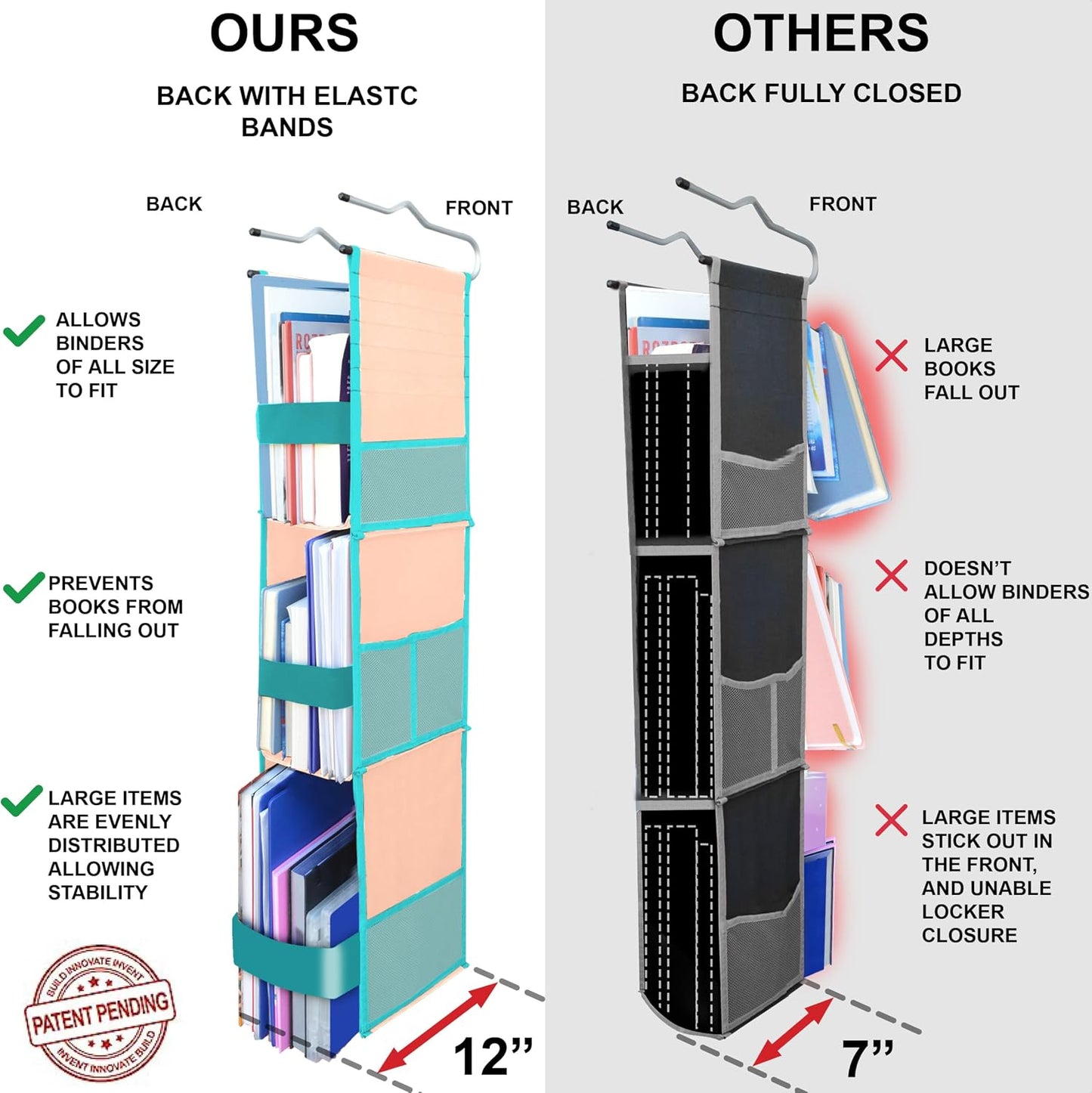 ABRA® 3 Shelf Hanging Locker Organizer for School, Gym, Work, Storage | Deep Shelves 6”x 9”| Eco-Friendly Fabric Healthy for Children | Adjustable School Locker Shelf 3 to 2 Shelves (Pink)