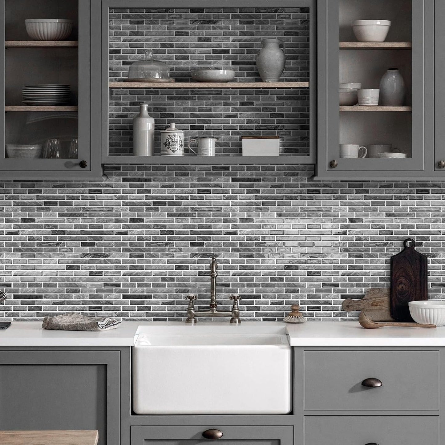 URCOLOR 10-Sheet Peel and Stick Backsplash Tile for Kitchen - 12”×12” Stick on Wall Tile for Bathroom, Black White Grey