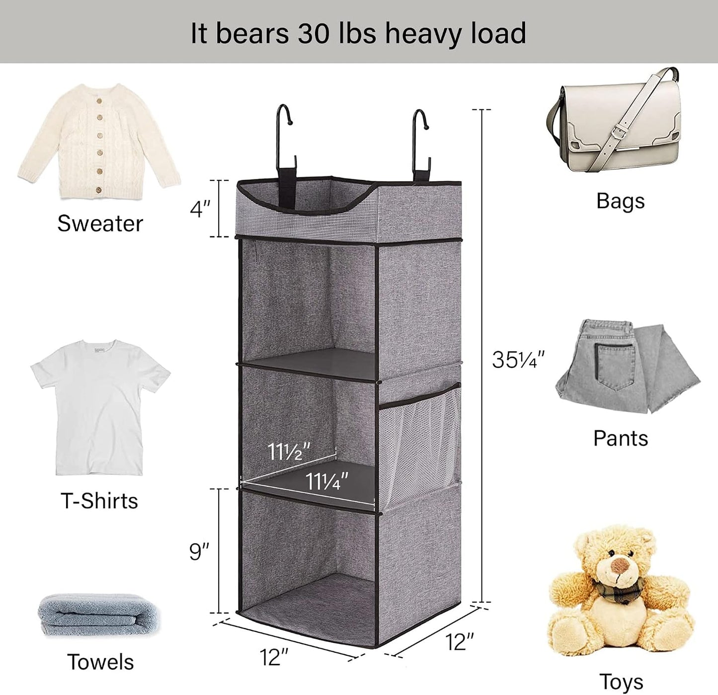 StorageWorks Hanging Closet Organizer, 3-Shelf Hanging Closet Shelves with Top Shelf, 15 ¾"W x 12" D x 31" H, Extra-Large Space, Ivory White