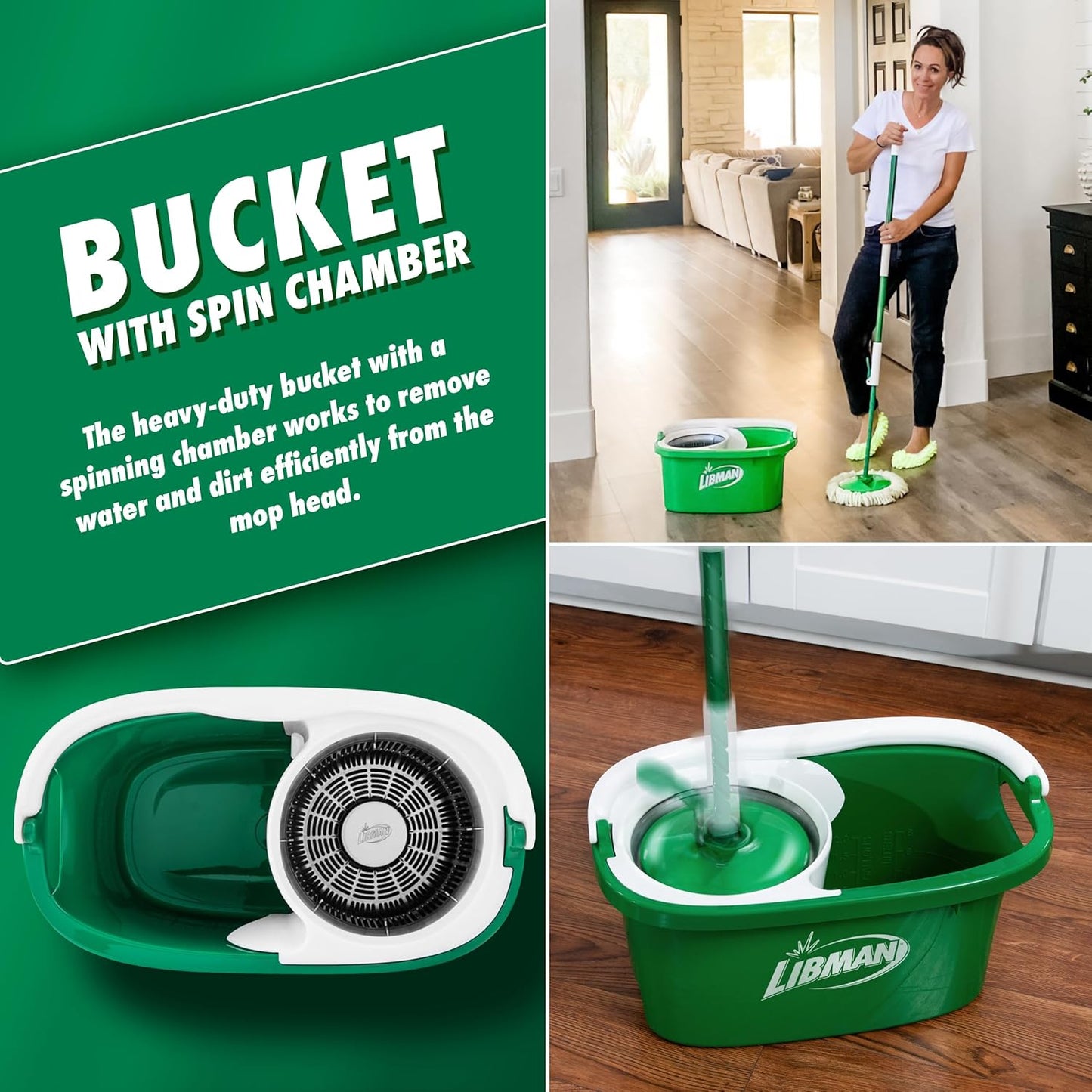 Libman Tornado Spin Mop System and 1 Refill, Mop and Bucket with Wringer Set for Hardwood Floor Cleaning, 2 Total Heads Included