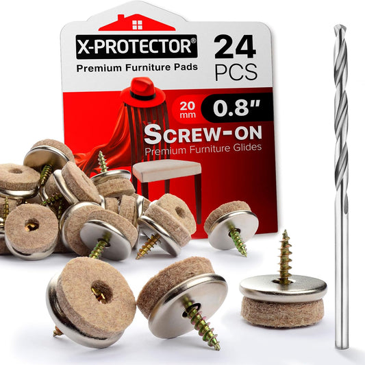 Screw-On Felt Pads X-Protector – 24 Felt Chair Pads for Hardwood Floors 1.1" – Premium Chair Glides – Beige Floor Protectors for Furniture Legs – The Best Furniture Sliders for Hardwood Floors