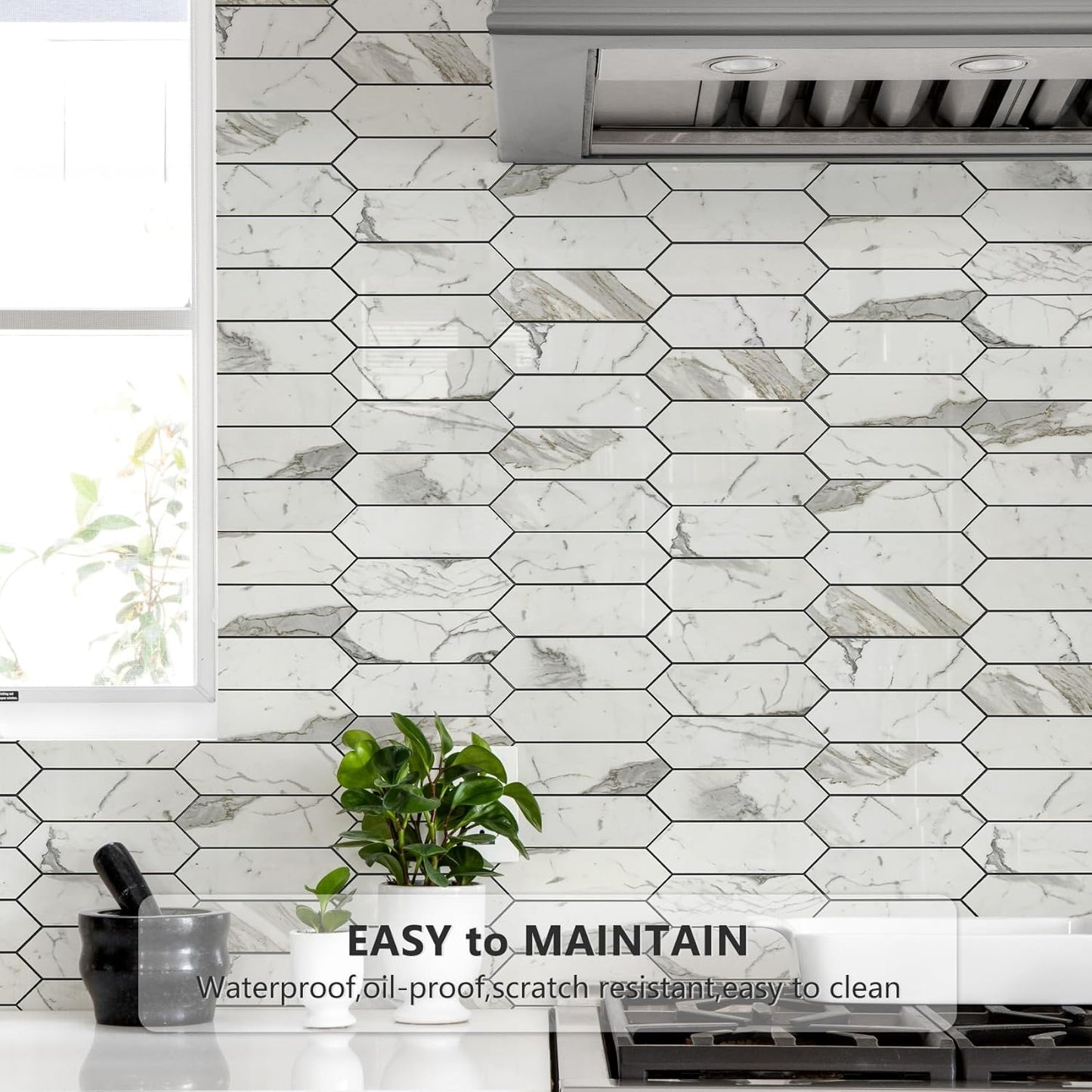 Vamos Tile Glossy Dolomite White Backsplash Tile Peel and Stick, 12.8 x 12.8 Inch 10 Sheets Long Hexagon PVC Self Adhesive Mosaic Wall Tiles Stick on Backsplash for Kitchen and Bathroom