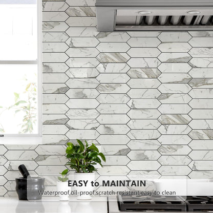 Vamos Tile Glossy Dolomite White Backsplash Tile Peel and Stick, 12.8 x 12.8 Inch 10 Sheets Long Hexagon PVC Self Adhesive Mosaic Wall Tiles Stick on Backsplash for Kitchen and Bathroom