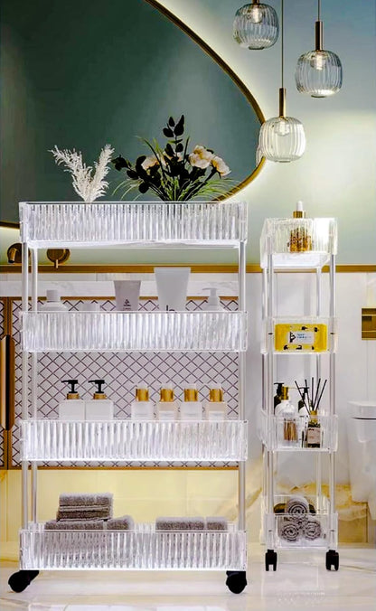 4-Tier Plastic Rolling Utility Cart with Wheels, Multifunctional Storage Organizer Cart for Home, Office, Kitchen & Bathroom, Ultra Narrow & Clear, 4.7”W * 12.8”L * 33”H