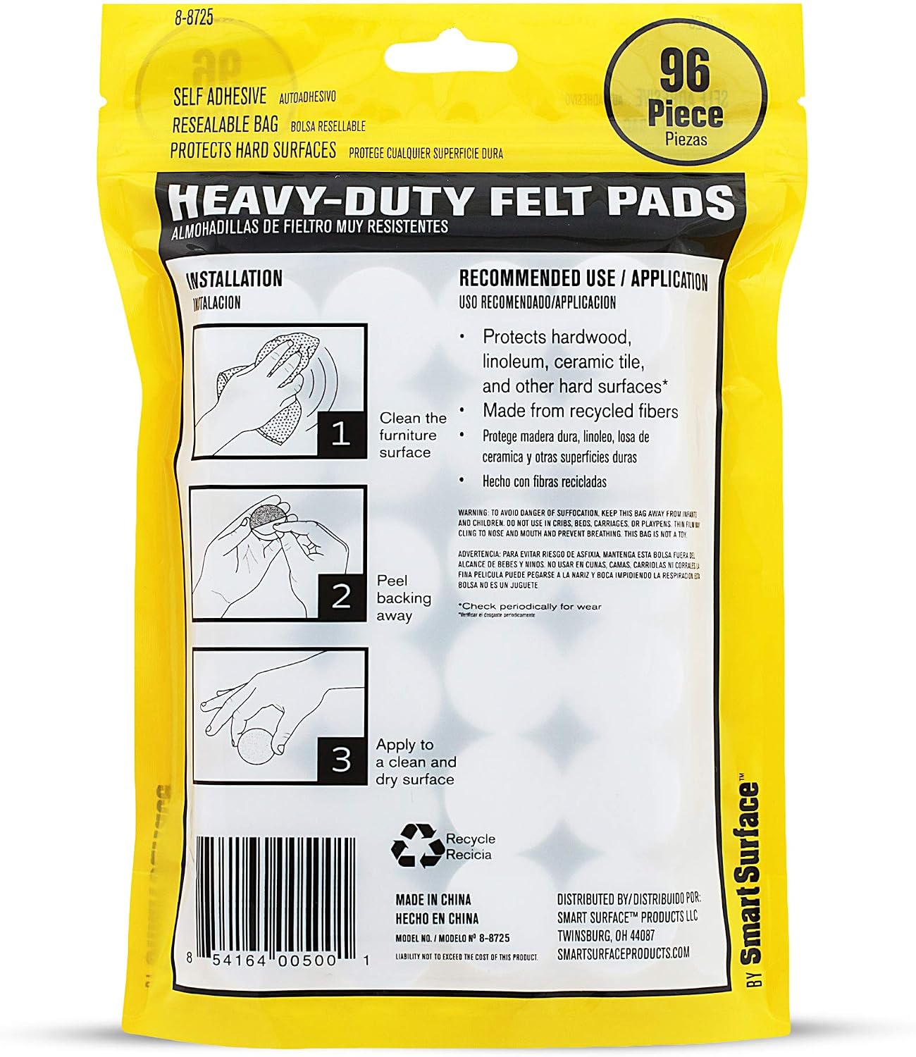 Smart Surface 8725 Heavy Duty Self Adhesive Furniture Felt Pads 1-Inch Round Oatmeal 96-Piece Value Pack in Resealable Bag