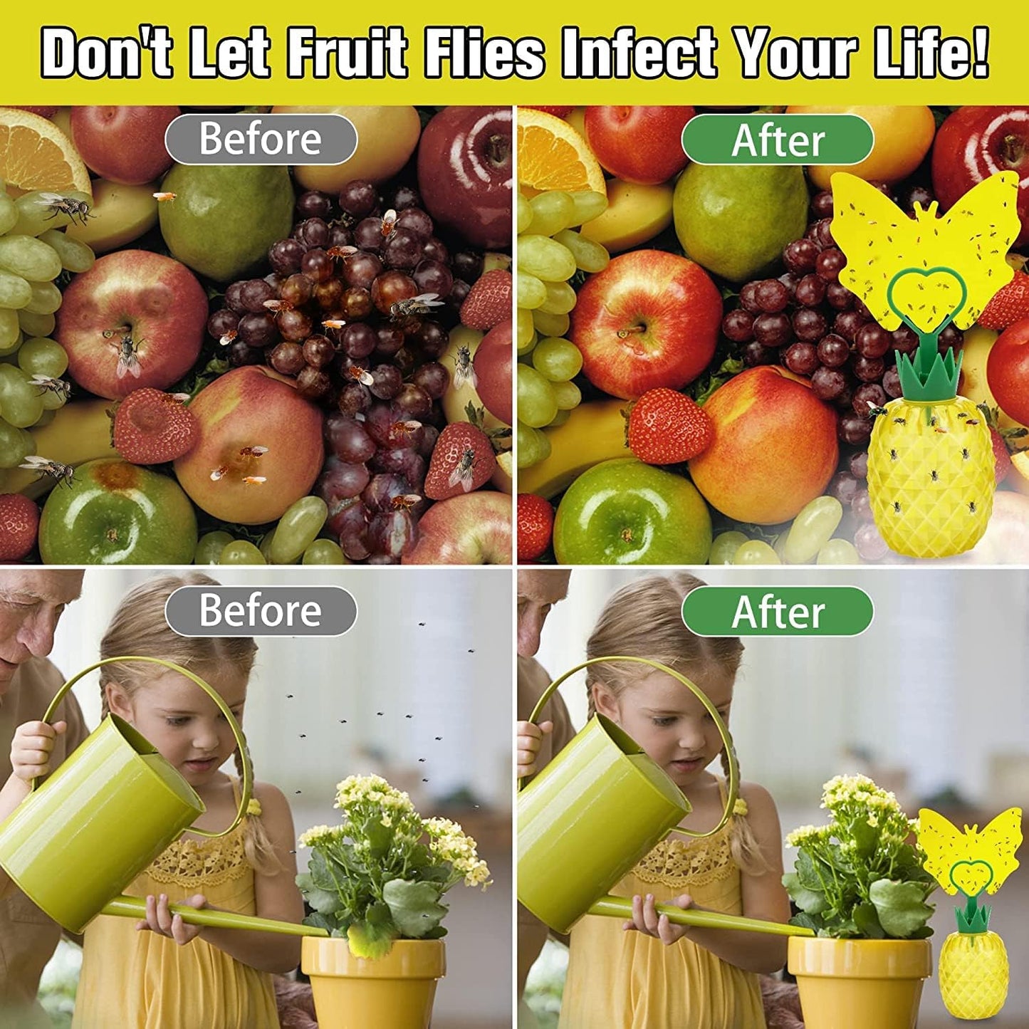 Fruit Fly Trap for Indoors, Effective Fruit Fly Catcher Gnat Killer with Sticker, Gnat Traps for House Indoor with Bait, Non-Toxic Reusable Easy to Use Fly Trap for Kitchen Home - 2 Pack, Clear Yellow