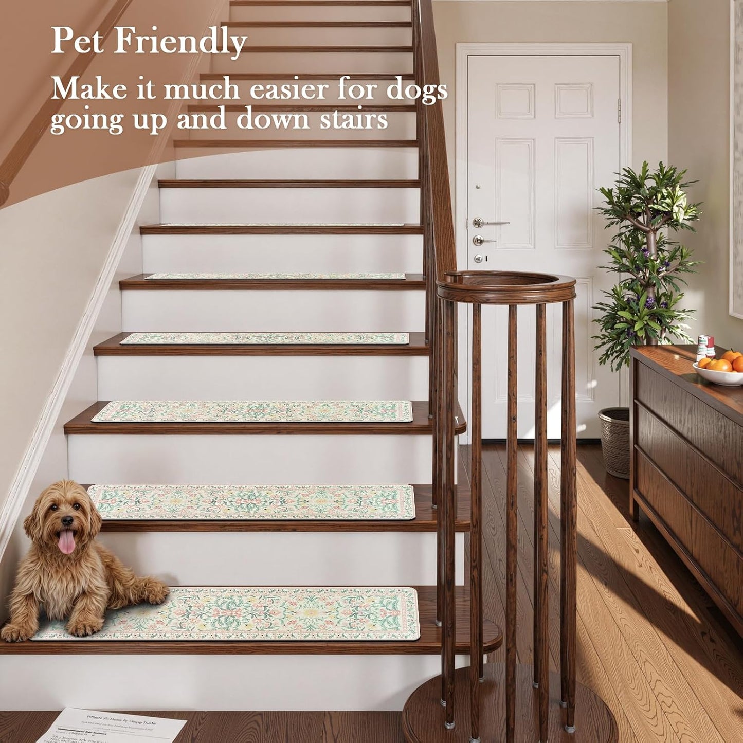 OJIA Floral Stair Treads Non-Slip Stair Runner for Wooden Steps Indoor 15PCS 30"x8" Carpet Stair Treads Stair Mats Staircase Step Treads for Kids, Elders and Dogs, Stair Covers, Black