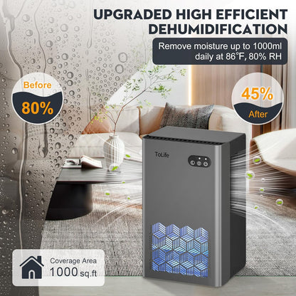 ToLife Dehumidifier for Home 95 OZ Water Tank, 1000 sq.ft Dehumidifiers for Basement Bedroom Bathroom with Auto Shut Off 7 Colors LED Light, Grey