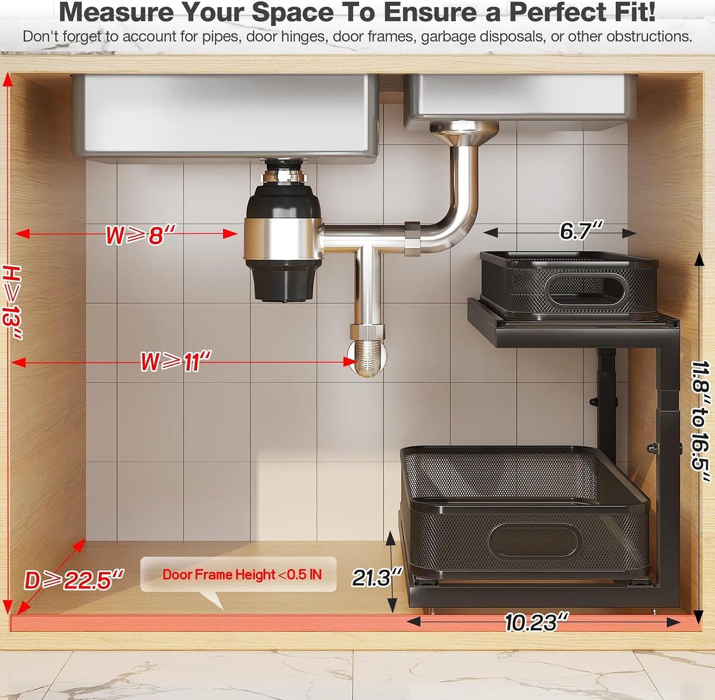 2-Pack Under Sink Storage Organizer with 2-Tier Slide Out Drawer, Sophisticated Mesh Pull Out Shelf for Kitchen & Bathroom, Fits Small Items, Upgraded Arched Track for Smooth Gliding(Patented)