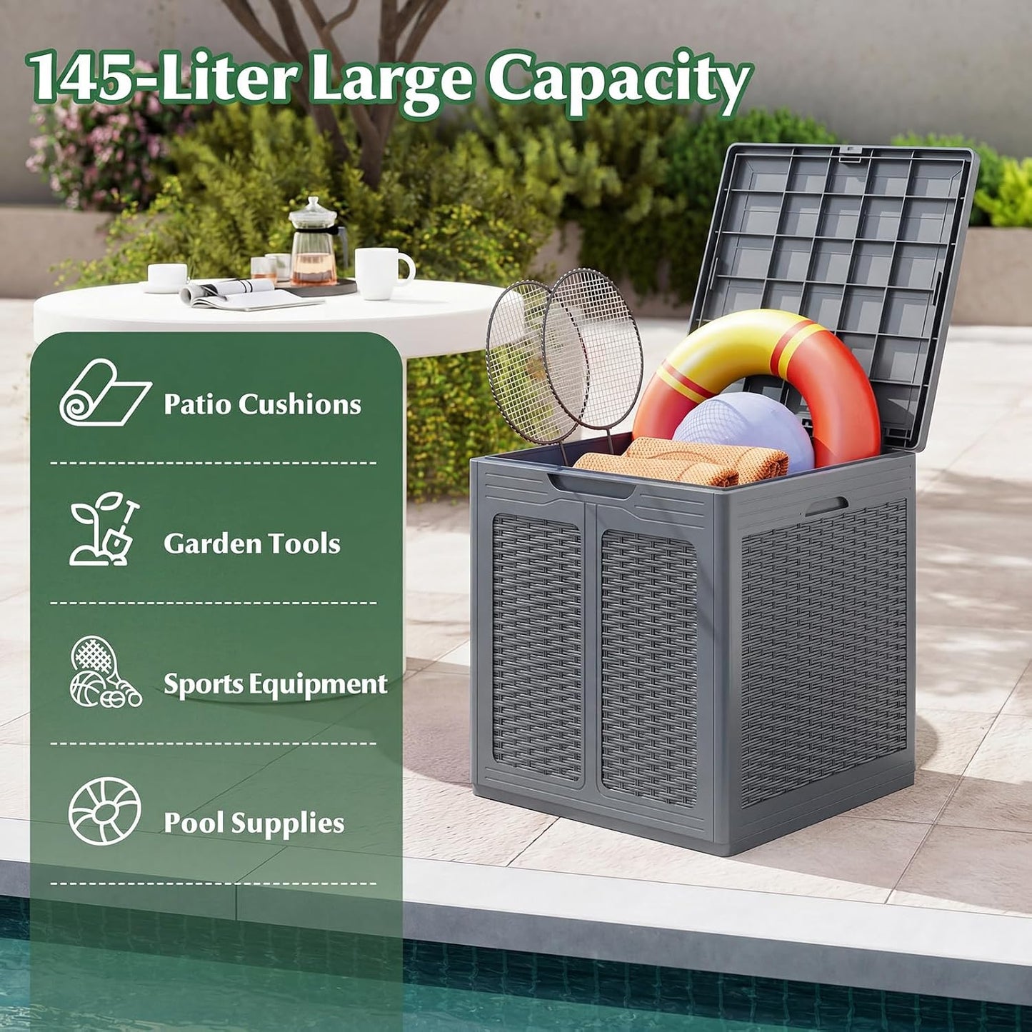 Tangkula 25 Gallon Waterproof Outdoor Storage Box with Lockable Lid | PP Resin, Wicker Patterned, Indoor Outdoor Use, Portable, Versatility, for Deck, Pool, Patio Cushions, Garden Tools