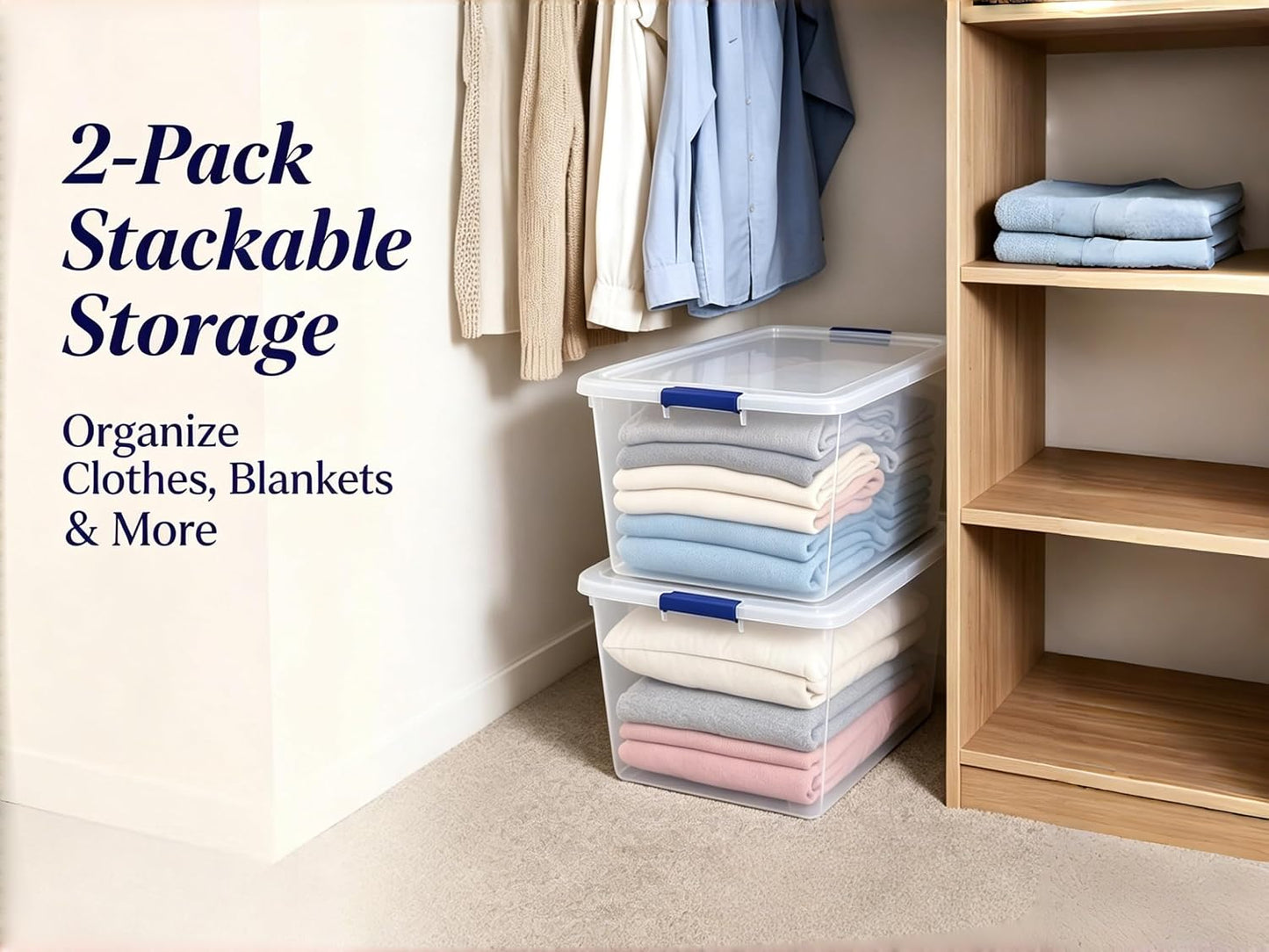 41 Quart Under Bed Storage Bins with Snap-On Lids, 2-Pack, Clear Plastic Stackable Tote Boxes, Closet Storage for Clothes Storage & Bedroom Organization