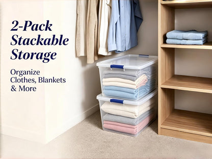 41 Quart Under Bed Storage Bins with Snap-On Lids, 2-Pack, Clear Plastic Stackable Tote Boxes, Closet Storage for Clothes Storage & Bedroom Organization