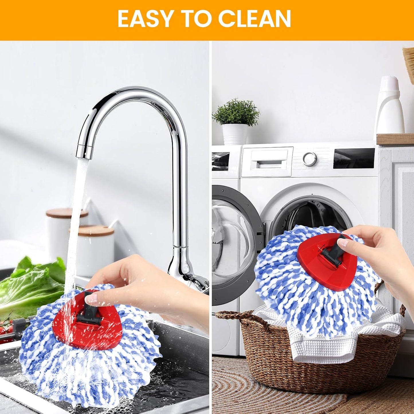 Mop Heads Replacements for OCedar RinseClean 2 Tank Spin Mop System, Mop Replace Head with 2 Microfiber Mop Head Refills, 2 Chenille Mop Pads,1 Scrub Brush, and 1 Mop Base Set Combo
