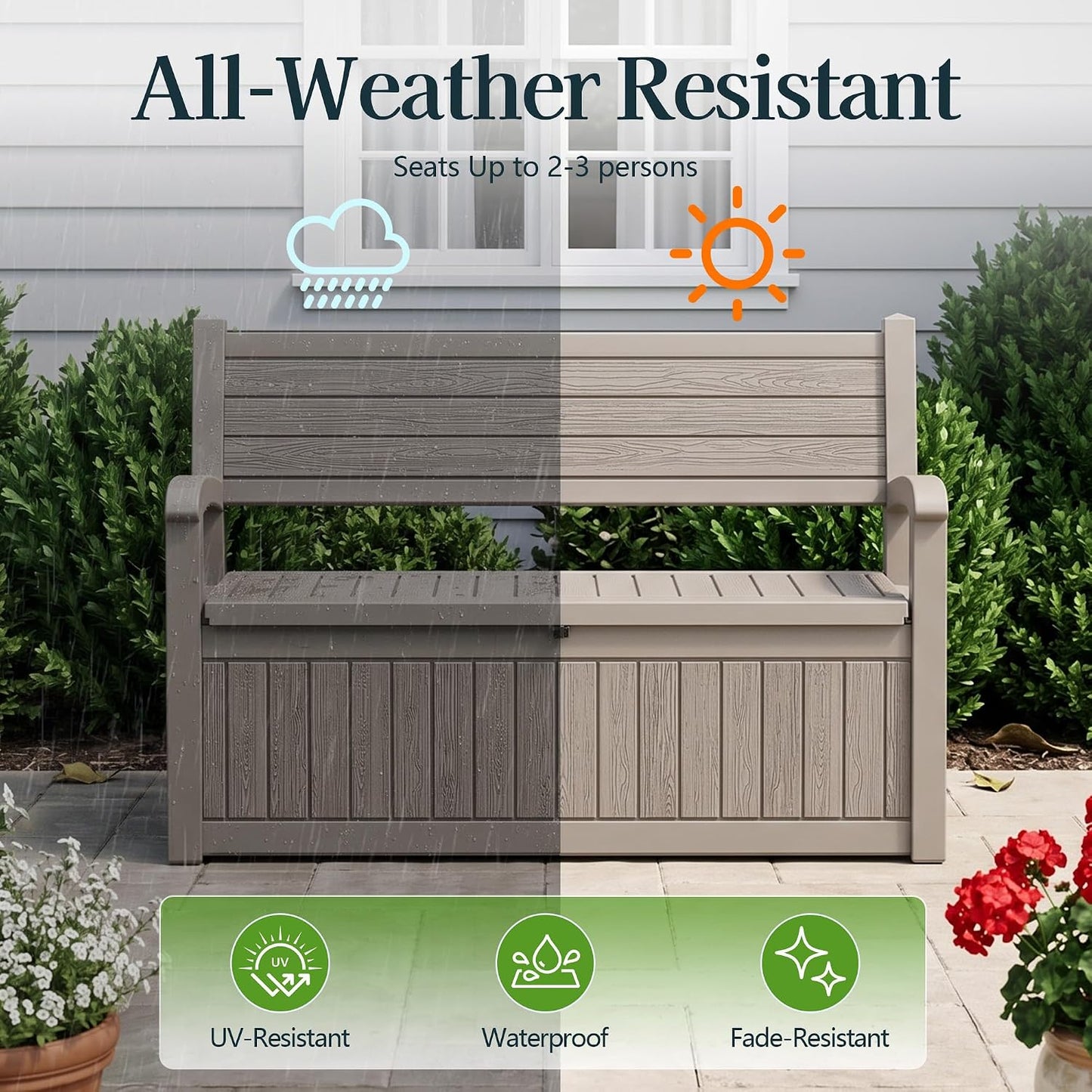 Outdoor Bench, Waterproof Garden Bench with Storage, 100 Gallon Lockable Resin Deck Box, Weatherproof Bench Seating for Patio Yard Cushions Tools, Black
